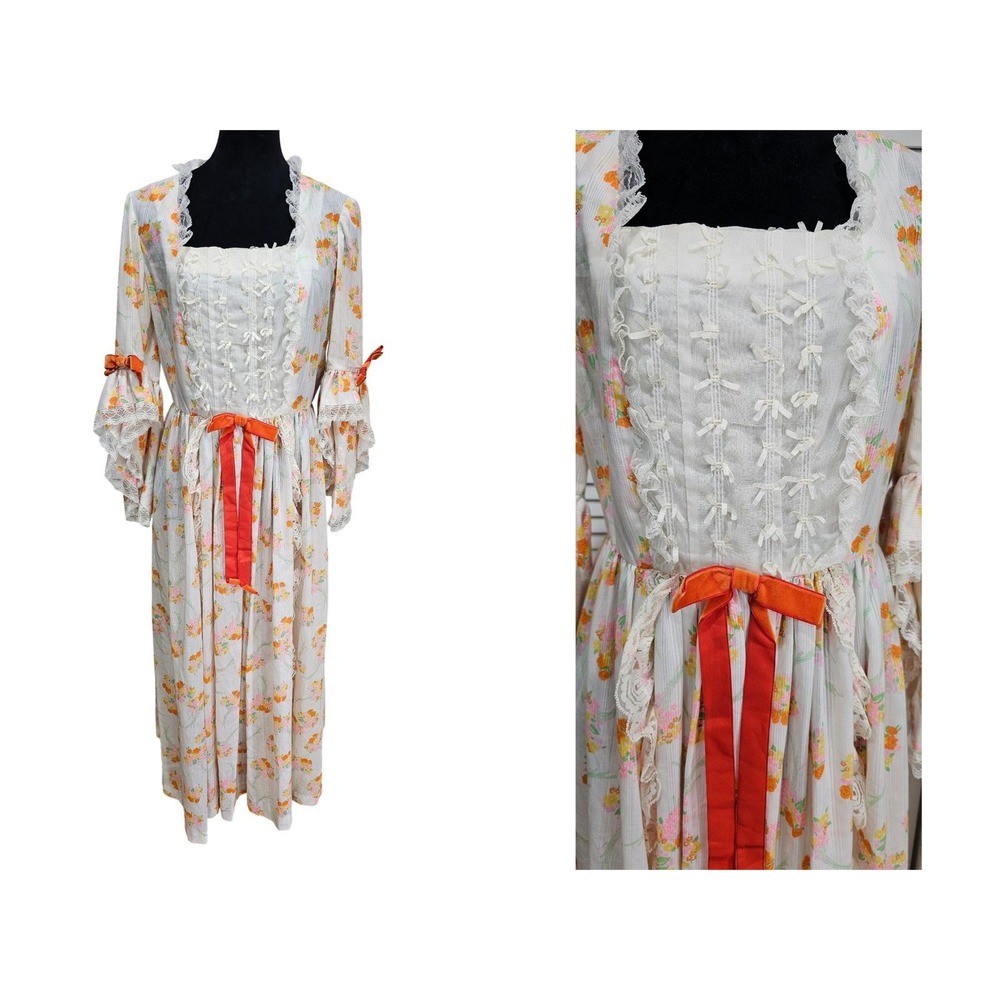 Vintage 1970s Cotttage Prairie Maxi Dress Women Size M White Floral Lace Bows